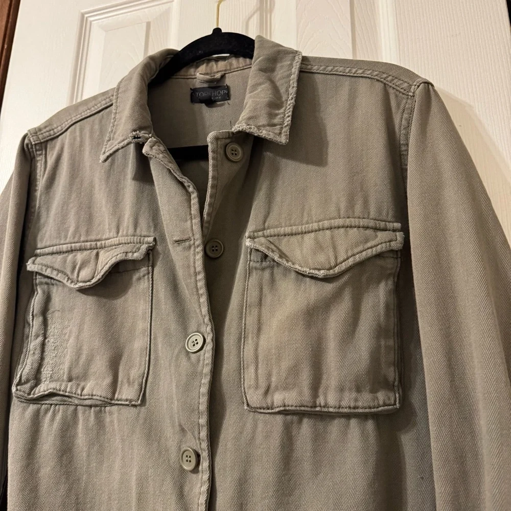 Topshop Army Green Distressed Utility Jacket Button Up 100% Cotton Size 6